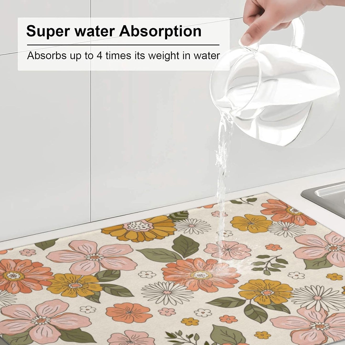 Absorbent Dish Drying Mat For Kitchen Counter, Pink Flowers Microfiber Dish Drying Pad, Kitchen Gadgets For Easy Clean Multi-Use