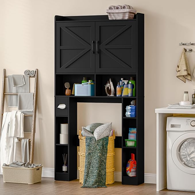 Over The Toilet Storage Cabinet, Farmhouse Toilet Cabinet Rack with Barn Doors, Space Saving Bathroom Organizer with Shelves, Toilet Paper Holder and Towel Rack for Bathroom,Laundry Pure Black