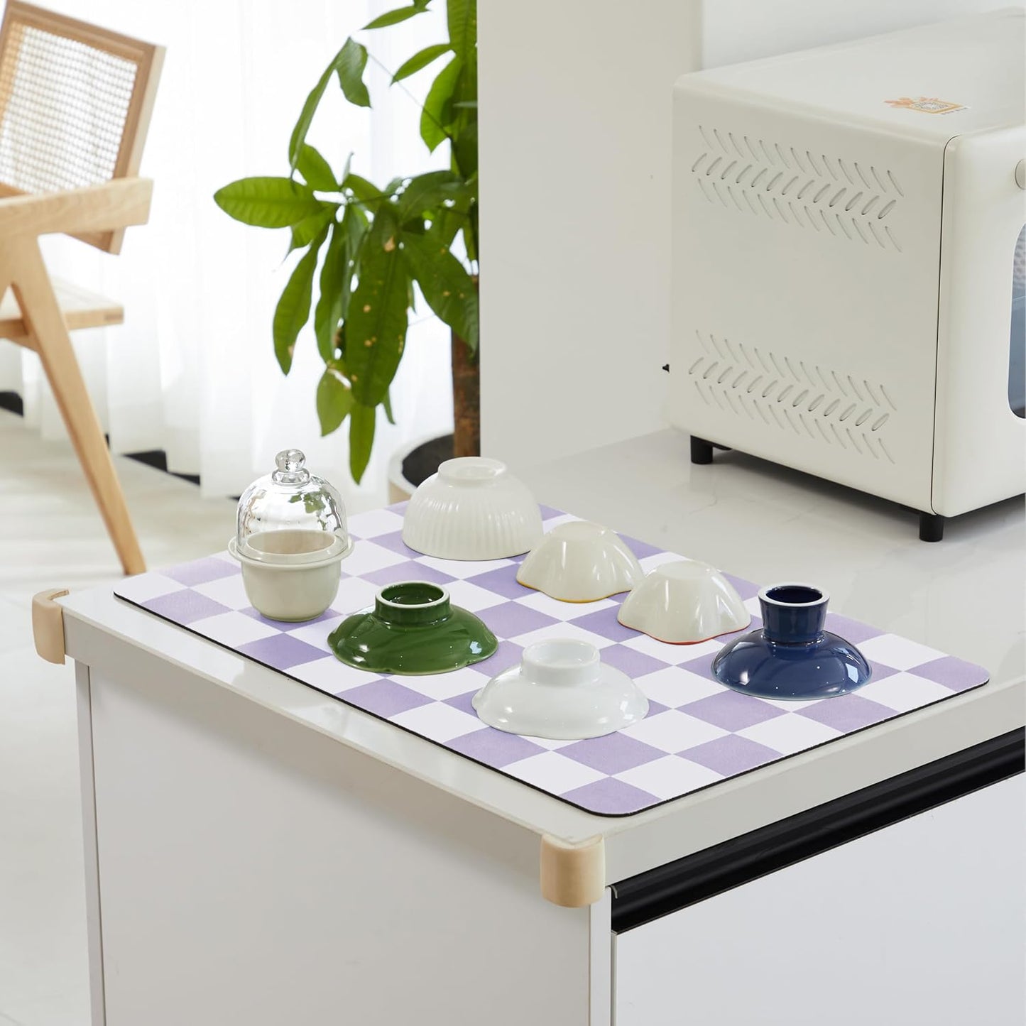 Checkered Dish Drying Mat for Kitchen Counter, Coffee Bar Station Accessories, Retro Cute Aesthetic Modern Absorbent Drainer Mat Kitchen Drying Mat Easy Clean, Purple 12" x 19"