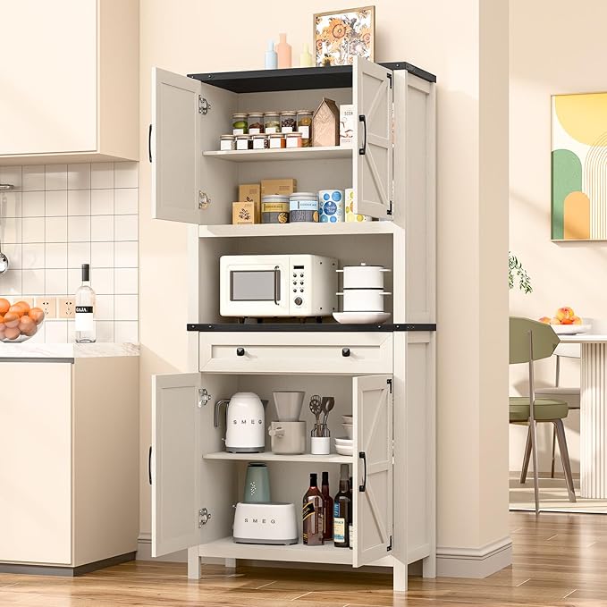 72" H Tall Farmhouse Storage Cabinet with Drawer, 6 Tier Kitchen Pantry Organize with 4 Barn Door and Adjustable Shelf, Microwave Stand for Kitchen, Garage, Living, Utility Room, Black