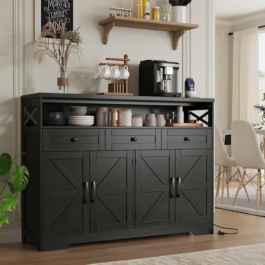 51" Black Buffet Sideboard Cabinet with Storage, Farmhouse Kitchen Storage Pantry Cabinet with Drawers, Wood Cupboard Hutch, Coffee Bar Station Table for Kitchen, Living Room, Dining Room