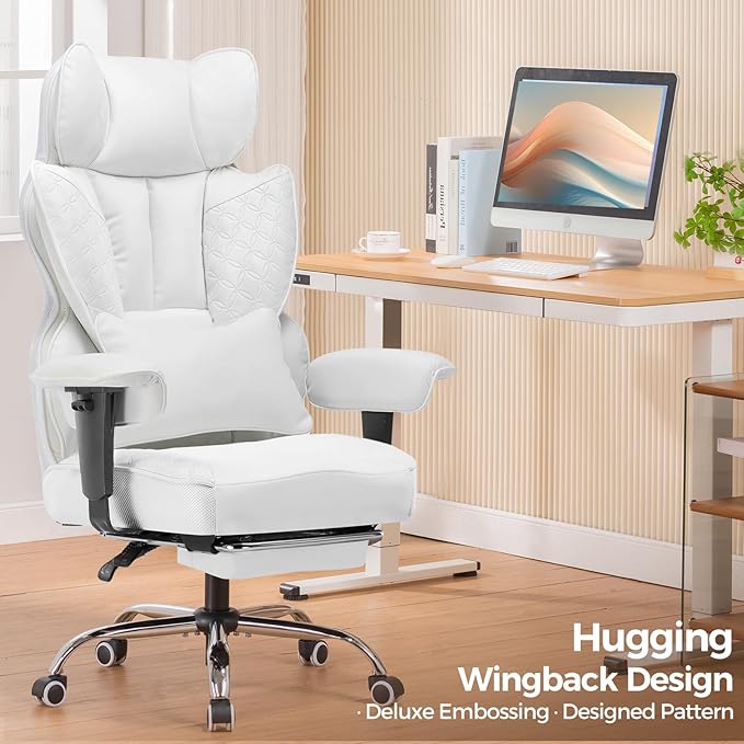 COMHOMA Big and Tall Office Chair 400LBS Wide Ergonomic Gaming Chair with Deluxe Embossing Designed Leather with Foot Rest,150°Reclining Adjustable Armrests Pocket Spring Back Support and Pillow