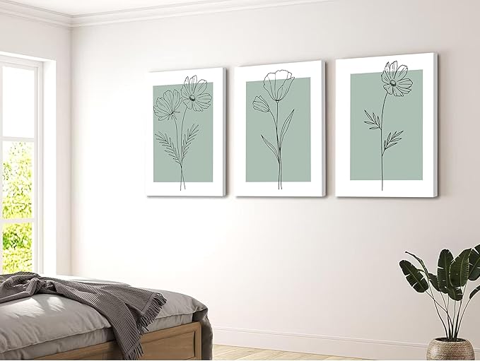 3 pcs of Line Flower Canvas Wall Art Minimalist Flower Paintings Pictures Decor Green Botanical Flower Simplicity Posters Prints for Living Bedroom Bathroom Scene Home Decoration