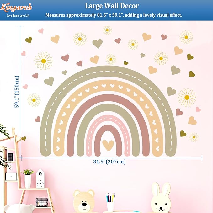 Large Boho Rainbow Wall Decals, Hearts Flowers Peel and Stick Fabric Nursery Wall Decor, Removable Home Room Wall Decor Murals Stickers for Kids Girls Toddler Bedroom Living Room Playroom