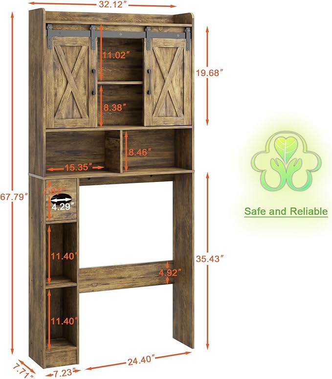 Over The Toilet Storage Cabinet, Farmhouse Storage Cabinet Over Toilet with Sliding Doors & Toilet Paper Holder Stand，Home Space-Saving Toilet Rack, for Bathroom, Restroom, Laundry