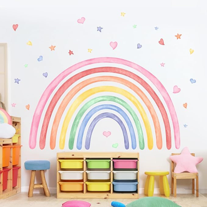 77" x 47" Large Rainbow Wall Decals Stickers for Girls Nursery Peel and Stick Watercolor Rainbow Hearts Stars Vinyl Wall Mural Art for Kids Toddlers Bedroom Playroom Classroom