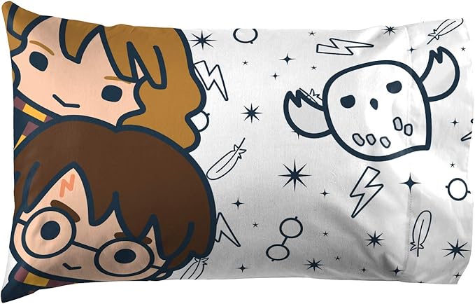Jay Franco Kids Sheet Set with Fitted, Flat Sheets & Pillow Cover - Ultra-Soft Bedding with Pillowcase for Room Decor, White - Harry Potter, 3 Piece Twin
