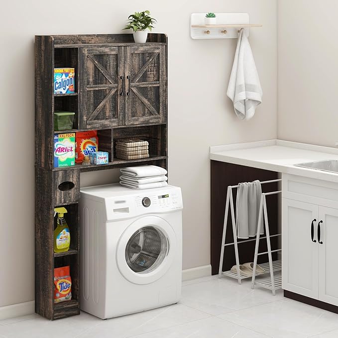 Over The Toilet Storage Cabinet, Farmhouse Storage Cabinet Over Toilet with 2 Barn Doors & Toilet Paper Holder Stand，Home Space-Saving Toilet Rack, for Bathroom, Restroom, Laundry