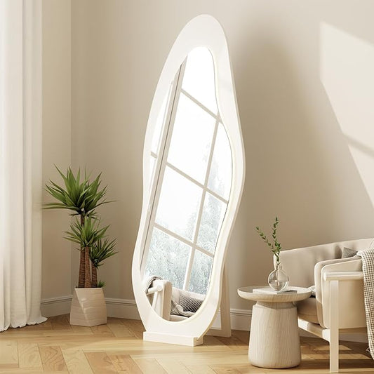 69"x 24" Wavy Mirror Full Length,Lights Irregular led Full Length Mirror, Shatter-Proof Hanging or Leaning Against Wall for Cloakroom/Bedroom/Living Room,Walnut (White)