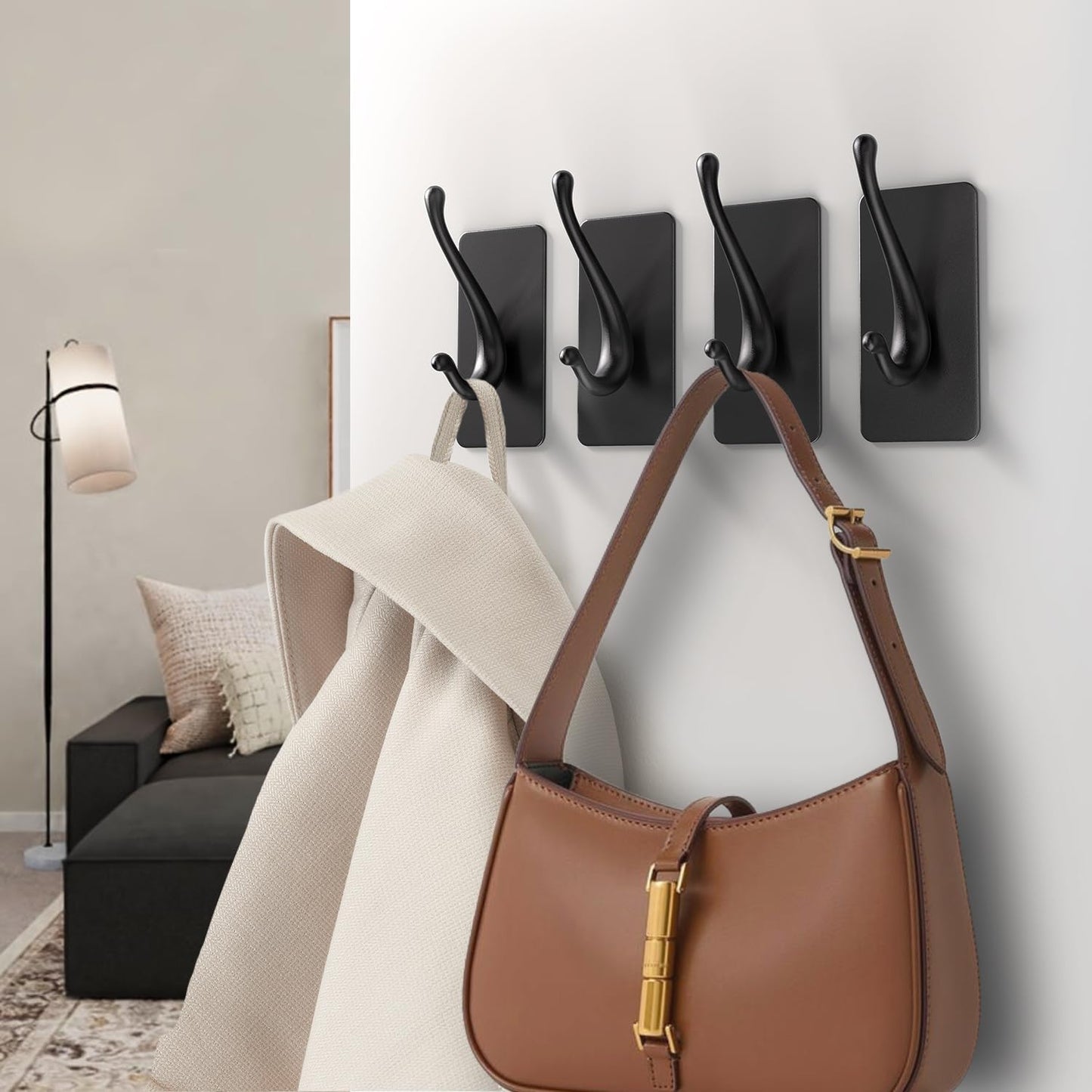 Towel Hooks, Solid Alloy Adhesive Wall Hooks for Hanging, Towel Hooks for Bathroom, RV, Kitchen, Closets, etc (Black, 4 Pack)