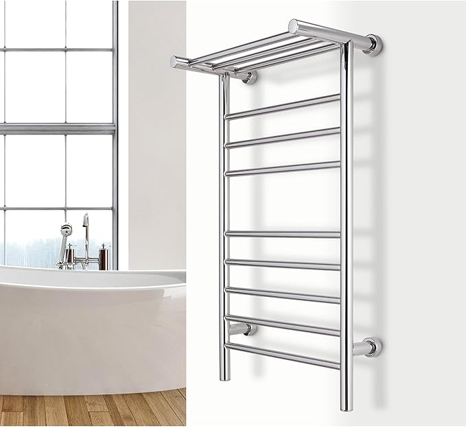 WarmlyYours Towel Warmers for Bathroom - Wall Mounted Heated Towel Rack with Shelf, 11 Bars Polished Stainless Steel, 20 x 36 in. Electric Heating and Drying Rack, 120V Plug-in or Hardwired (Summit)