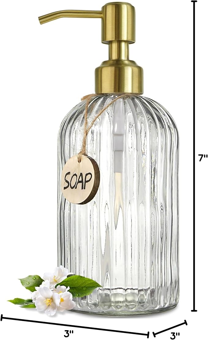 JASAI 18Oz Glass Soap Dispenser with Golden Pump for Kitchen,Refillable Liquid Hand soap Dispenser with Vertical Stripe, Clear Soap Dispenser Bathroom for Hand soap, Dish Soap, Lotion