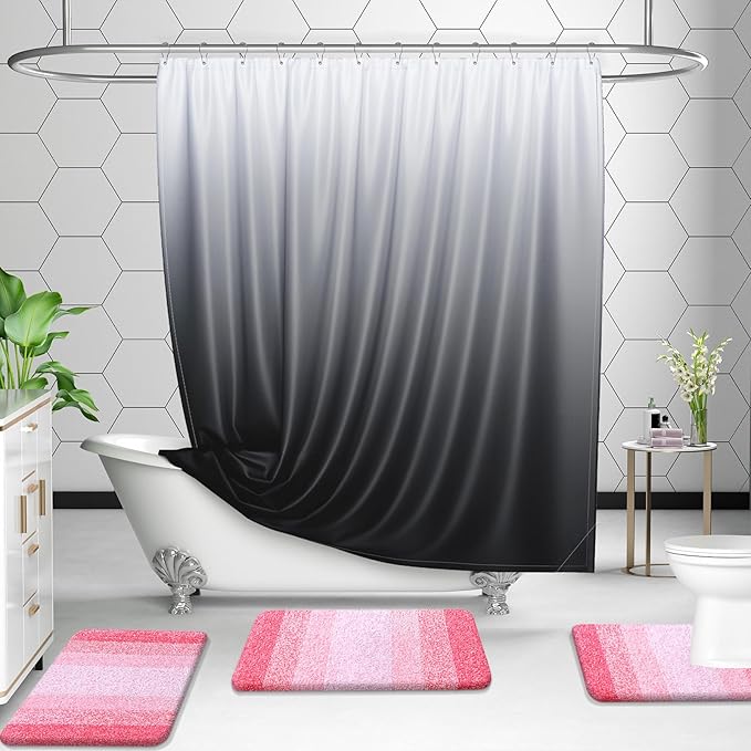 OLANLY Bathroom Rug Set 2 Piece, Soft Absorbent Microfiber Bath Mats and U-Shaped Contour Toilet Rug, Non-Slip, Machine Wash Dry, Plush Shaggy Bath Mats for Bathroom (24"x16"+24"x20", Pink)