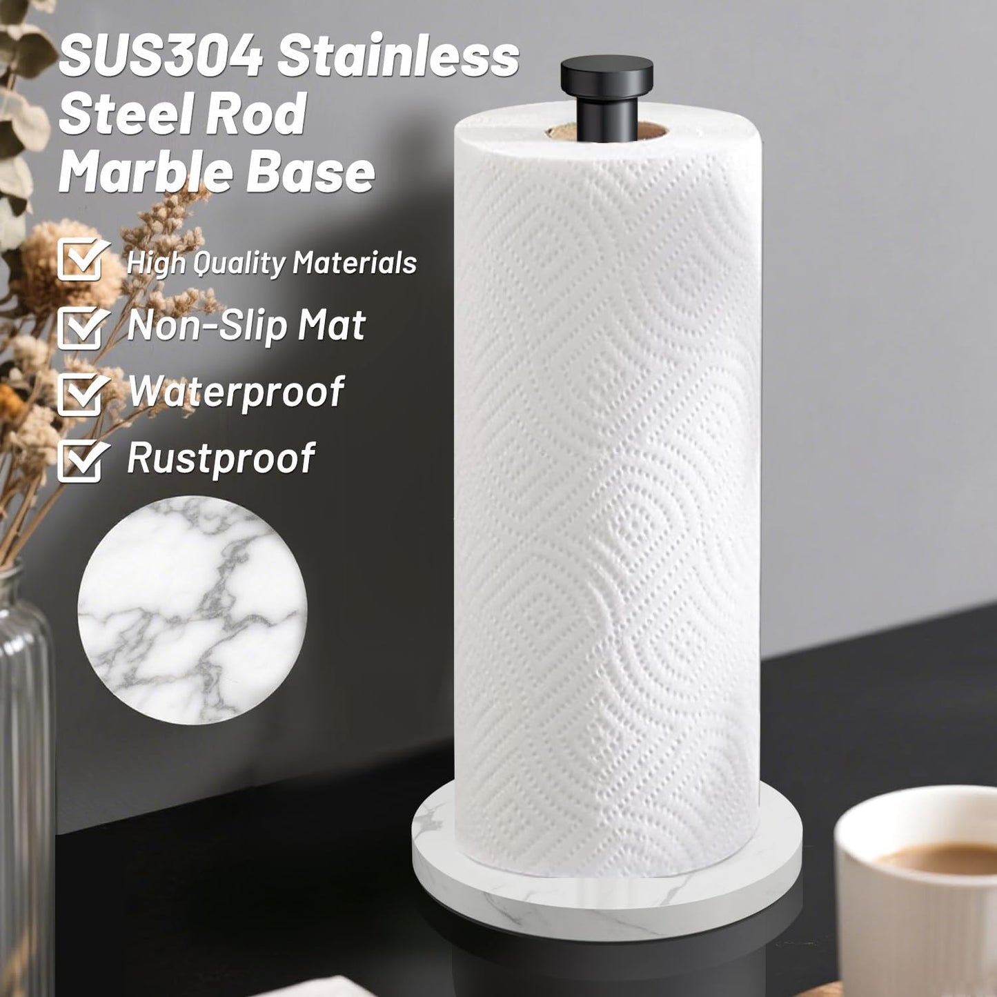 VEHHE Marble Paper Towel Holder for Kitchen Countertop, Standing Paper Towel Stand with Weighted Base & EVA Non-Slip Pad, for Bathroom or Kitchen (Black)