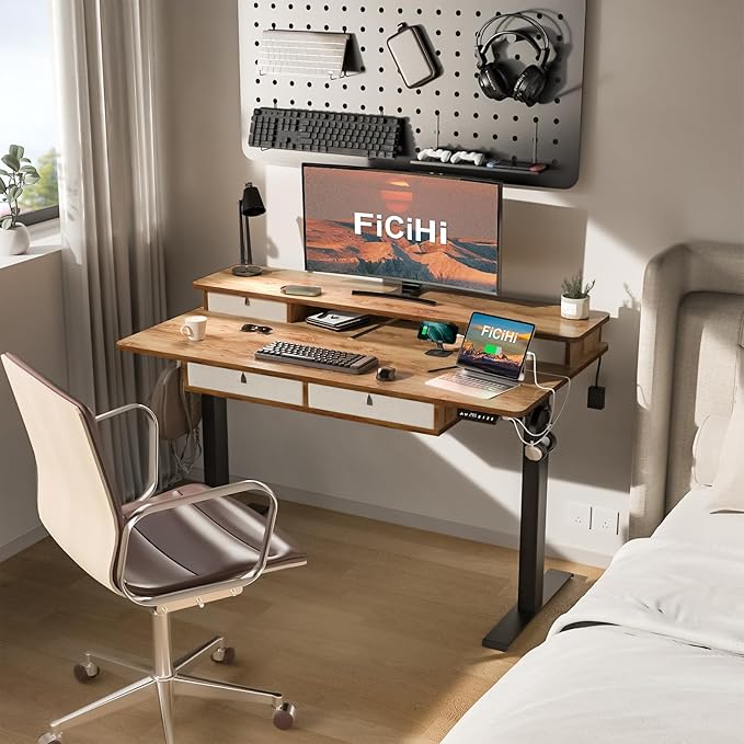 Adjustable Height Standing Desk with 4 Drawers,55 x 30 inches Electric Sit Stand Desk for Home Office,3 Memory Presets,Monitor Stand Riser,USB A/C Charging Port