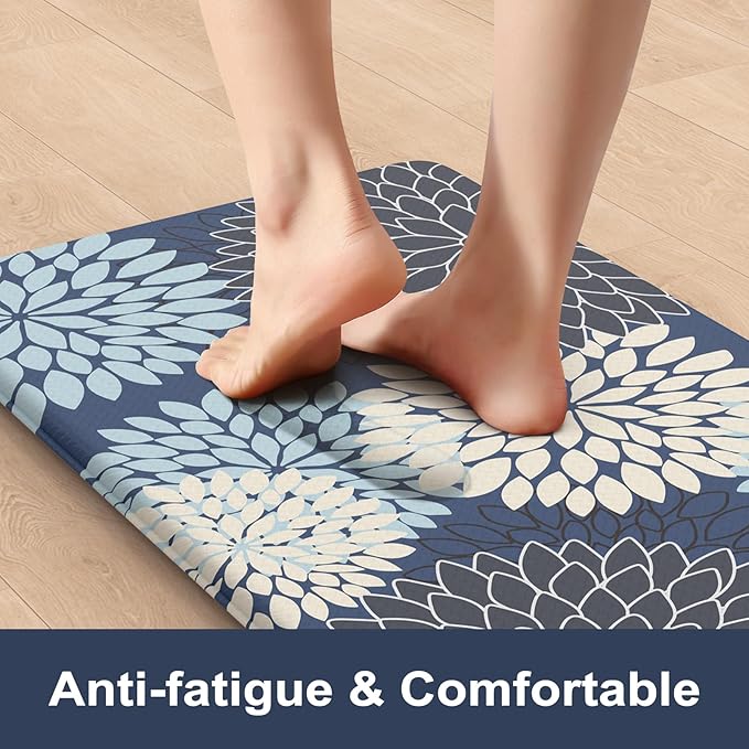 KIMODE Anti Fatigue Kitchen Mat, Cushioned Floral Kitchen Runner, Non Slip Memory Foam Kitchen Mat for Floor, Waterproof Standing Desk Mat for Laundry, Office, Sink Mutil-Blue 17.3"x59"