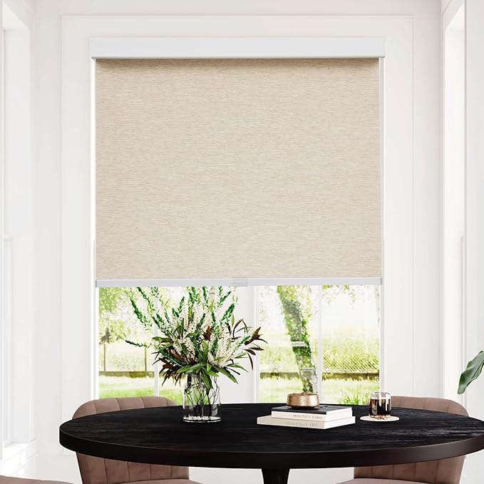 Persilux Free-Stop Cordless Light Filtering Roller Shades for Windows (Khaki 25" x 72") Natural Woven Fabric UV Protection Privacy Roller Blinds for Windows Blinds for Doors, Home, Office, Kitchen