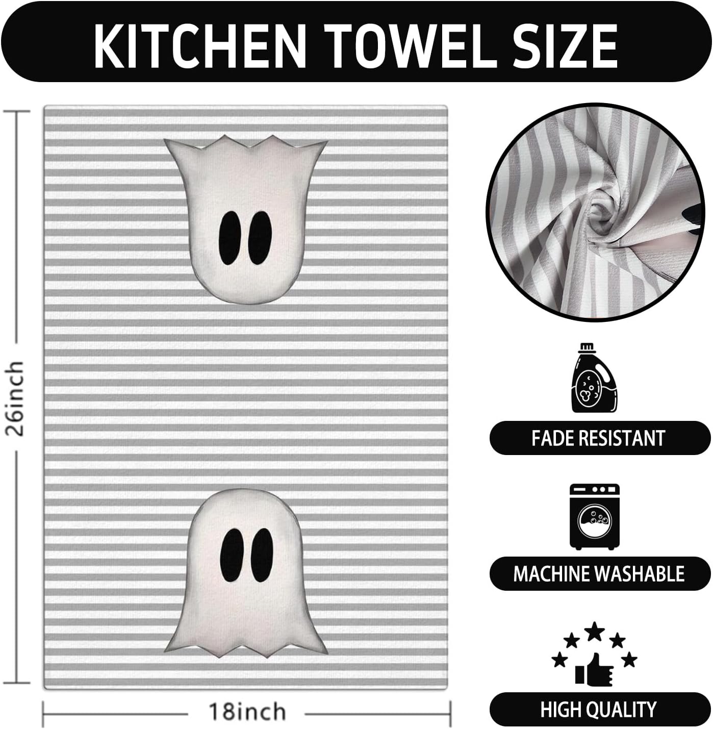 Ghost Boo Halloween Kitchen Towels Dish Towel, Stripes Decoration Hand Towels, Hand Drying Tea Towel for Halloween Baking Cooking Home Kitchen Decor Housewarming Gift Set of 2, 18x26 Inch