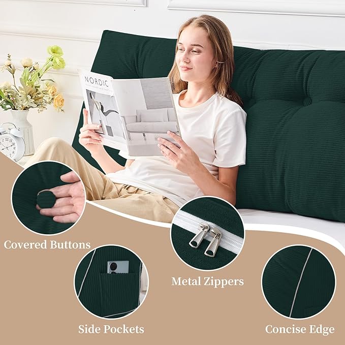 Sasttie Headboard Pillow King, Wedge Pillow Headboard for Sitting Up in Bed, Back-Rest Support Triangular Cushion for Reading - Features Removable Washable Cover, Green