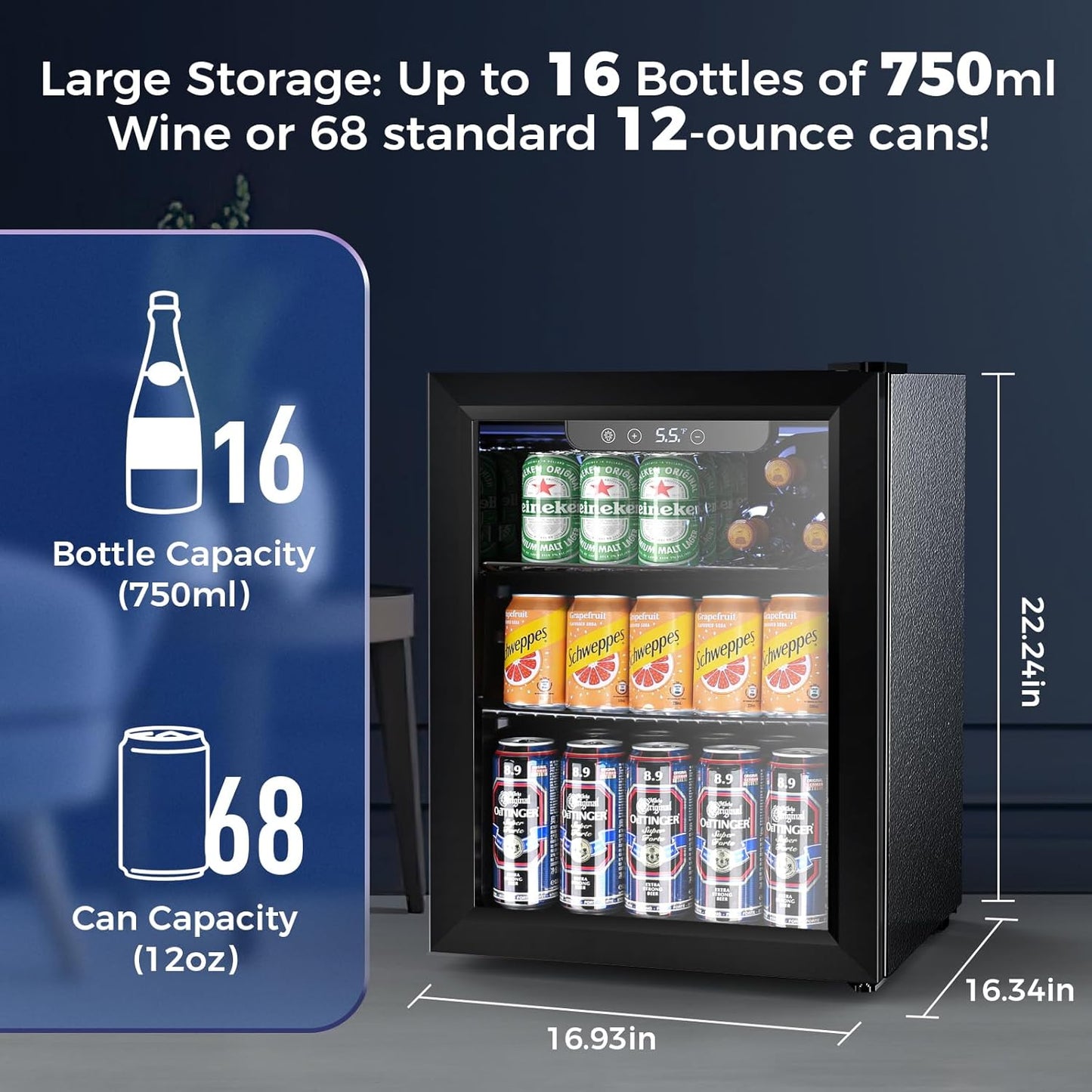 68 Cans Beverage Refrigerator Cooler, 1.7 cu.ft Mini Fridge Glass Door Drink Cooler for Beer, Soda,Wine, Digital Temperature Control for Home Office Bar