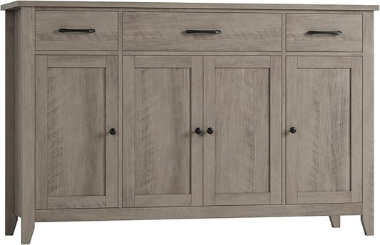 HORSTORS 55" Buffet Cabinet, Modern Farmhouse Sideboard Buffet with Drawers, Large Kitchen Storage Cabinet with Adjustable Shelves, Wood Coffee Bar for Kitchen, Dining Room, Living Room, Grey
