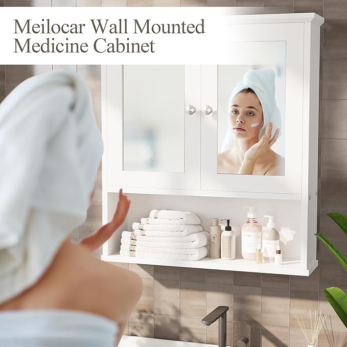 Meilocar Bathroom Wall Cabinet with Mirror, White Bathroom Mirror Cabinet Wall Mounted, Over Toilet Medicine Cabinets with Adjustable Shelf, White