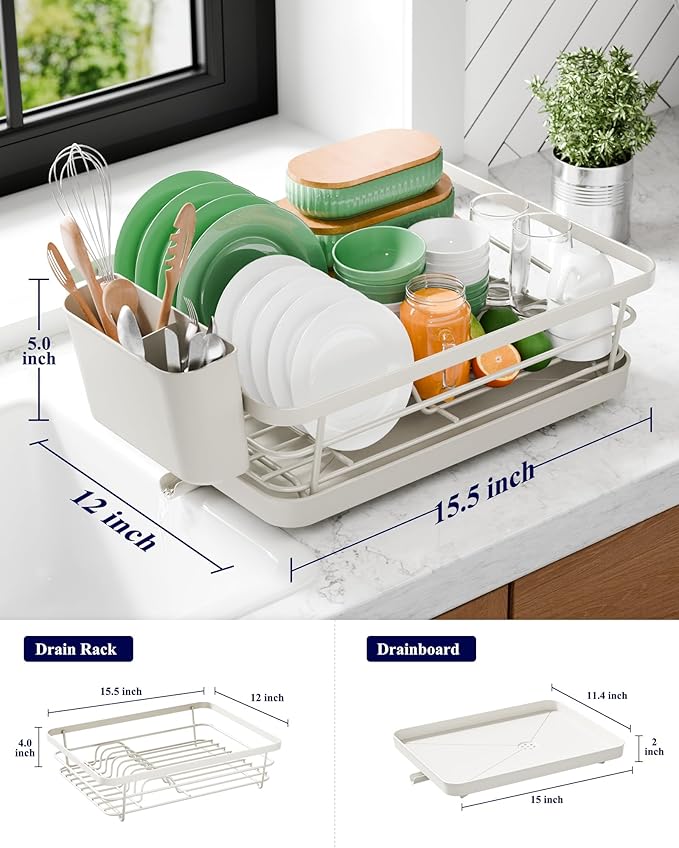 Kitsure Dish Drying Rack for Kitchen Counter, Stainless Steel Sink Organization and Storage Essentials with Cutlery Holder, Home and Appartment Decor, 12''W x 15.5''L, Light Grey