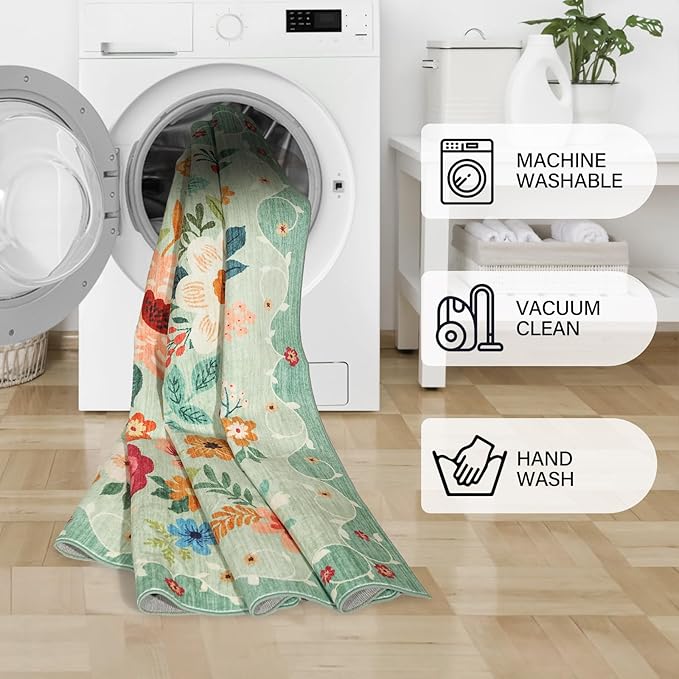 DUKINO 2x10 Kitchen Runner Rug for Hallway, Washable Runner Rug with Non Slip Backing, Low Pile Soft Boho Floral Carpet for Kitchen, Hallway, Entryway, Laundry, Bedroom, Green