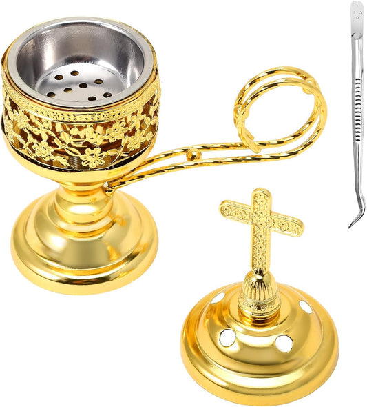 Yawlsow Incense Burner, Frankincense Charcoal Incense Stand, Bakhoor Incense Burner Holder, Ideal for Aromatherapy, Yoga and Spa, Home and Christian Church Censer, (Gold)