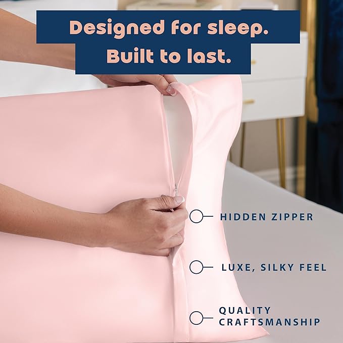 Pink Satin Pillowcase with Zipper, for Hair and Skin Care, Feels Soft and Cool Like a Silk Pillowcase, Satin Pillow Cases 2 Pack, Slik Pillow Cover, Standard Size - Set of 2