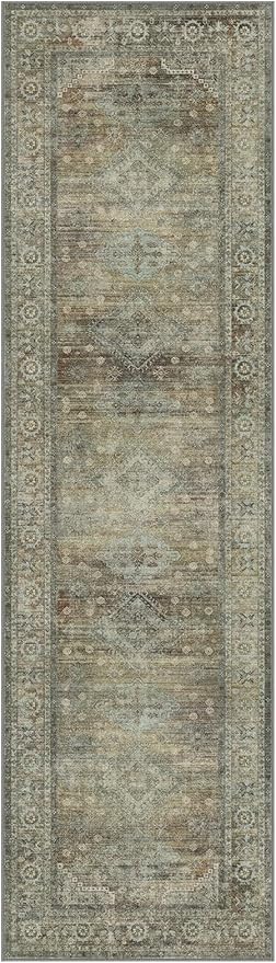 Runner Rug for Hallway Kitchen, 2x7 Machine Washable Runners Rug for Entryway, Soft Modern Boho Throw Rugs, Low Pile Floor Cover with Non Slip Backing, Distressed Light Greyish Sage Green