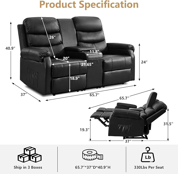 Loveseat Reclining Sofa, Home Theater Seating with Center Console, RV Recliner Sofa with Cup Holders and Pockets, Manual Double Seater Recliner for Living Room, Motor Home, Cinema(Black)