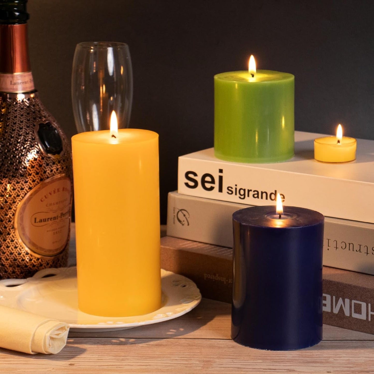 KONNI Navy Blue Pillar Candles Set of 3, 3"x 4" Unscented Pillar Candles Bulk, 39 Hours Long Burning Candles, Smokeless&Dripless Large Round Candle for Wedding, Home Decoration, Parties, Spas, Dinner