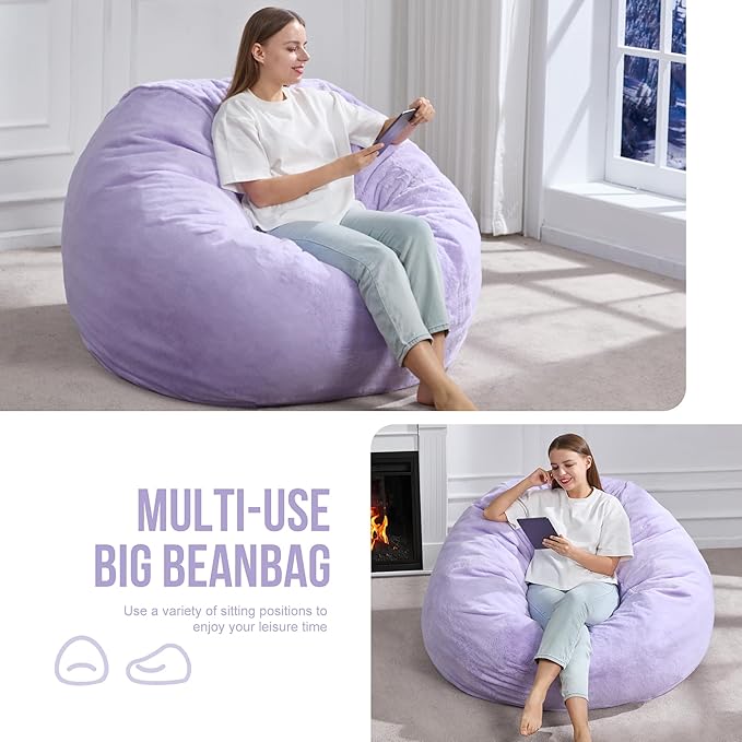 Hobestluk 4ft Bean Bag Chairs for Adults Large Beanbag Chair with Plush Faux Fur Cover Big Bean Bag Chair for Living Room Bedroom Dorm Office - Purple (44” x 44” x 24”)