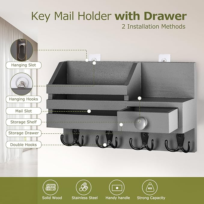 Key Holder Wall Mount, Wooden Adhesive Mail and Key Organizer with Drawer, Small Shelf, 8 Hooks, 2 Installation Methods, Gray