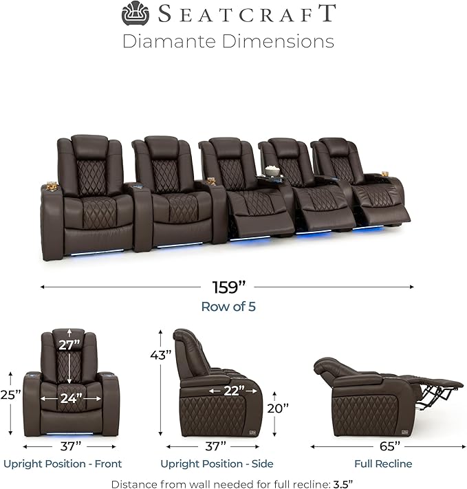 Seatcraft Diamante Zero-Gravity CoolZero Italian Leather Home Theater Seating, Power Headrest, Power Recline, Row of 5, Brown