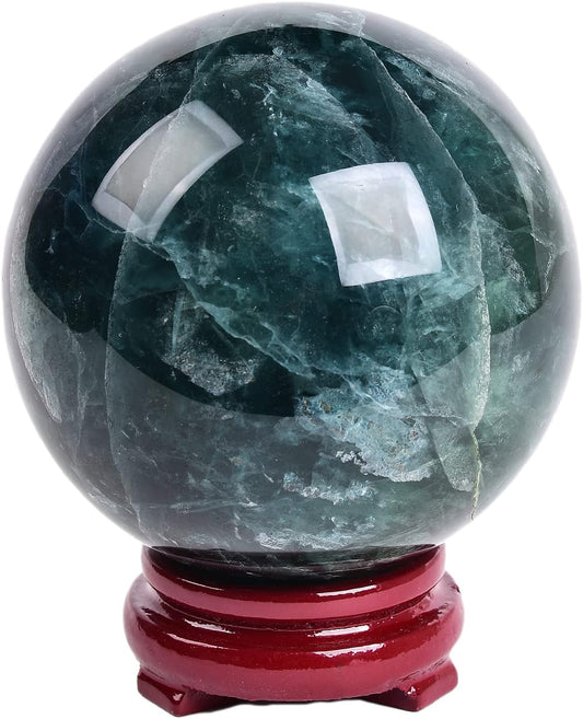 JIC Gem Big Green Fluorite Crystal Ball Sphere Decorative Ball with Wooden Stand for Meditation、Fengshui、Home Decors Healing Crystal Ball (90-100mm)