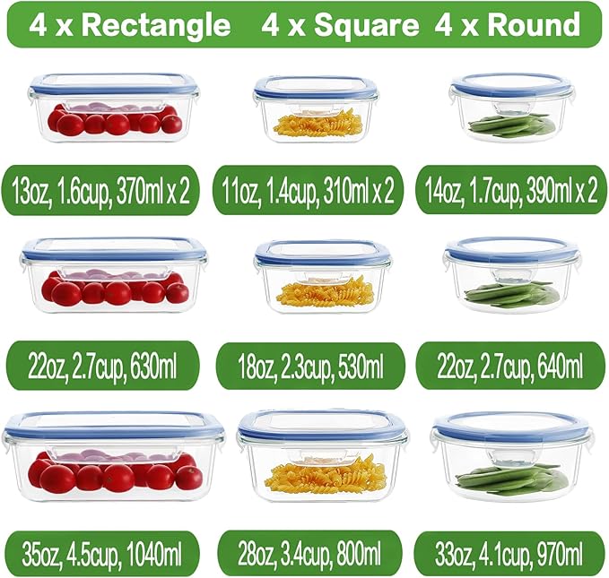 HOMBERKING 24pc Glass Food Storage Containers with Lids, Glass Meal Prep Containers, Airtight Glass Bento Boxes, BPA Free & Leak Proof, Pantry Kitchen Storage(12 lids & 12 Containers) - Deep Blue