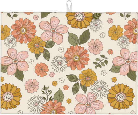 Absorbent Dish Drying Mat For Kitchen Counter, Pink Flowers Microfiber Dish Drying Pad, Kitchen Gadgets For Easy Clean Multi-Use