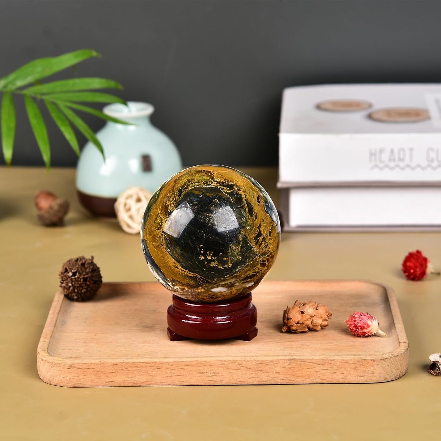 JIC Gem Large Blues and Golden Browns Crystal Sphere with Stand Pietersite Crystal Ball Sphere Gemstone Decorative Ball for Home Decor Altar Reiki Feng Shui Crystal Gift 80-90mm