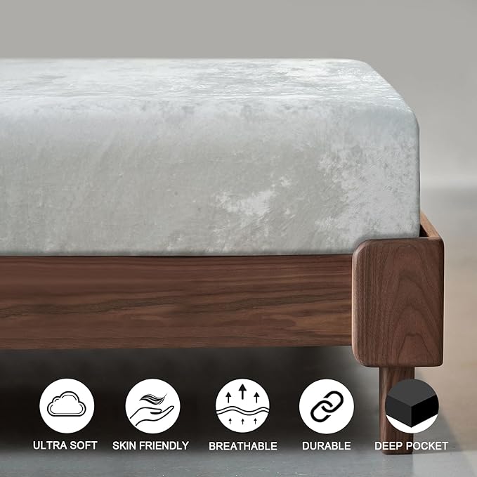 PHF Truly Velvet Fitted Sheet Only Twin Size, Luxury Super Soft Cozy Fuzzy Fleece Bottom Sheet, Deep Pocket Up to 16",Strenghth Elastic Band, Suitable for Fall Winter Spring,No Pillowcases,Sliver Grey