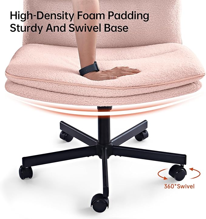 EMIAH Pink Criss Cross Armless Office Desk Chair with Wheels, Faux Fur, Comfy Mid-Back, Swivel, for Home Office