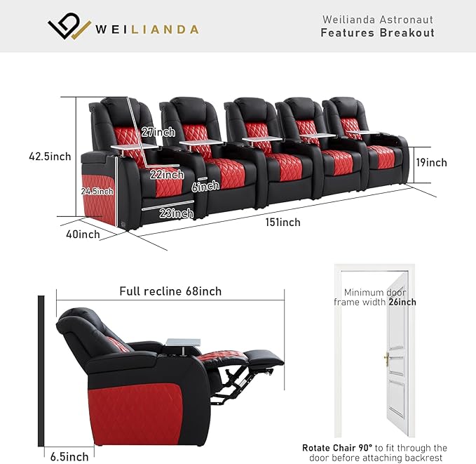 Home Theater Seating, Top Grain Leather Movie Seats Recliner Chair, Zero Gravity Reclining Gaming Sofa with Power Headrest 7 Colors Ambient Lighting 5 Seats Black Dark Red