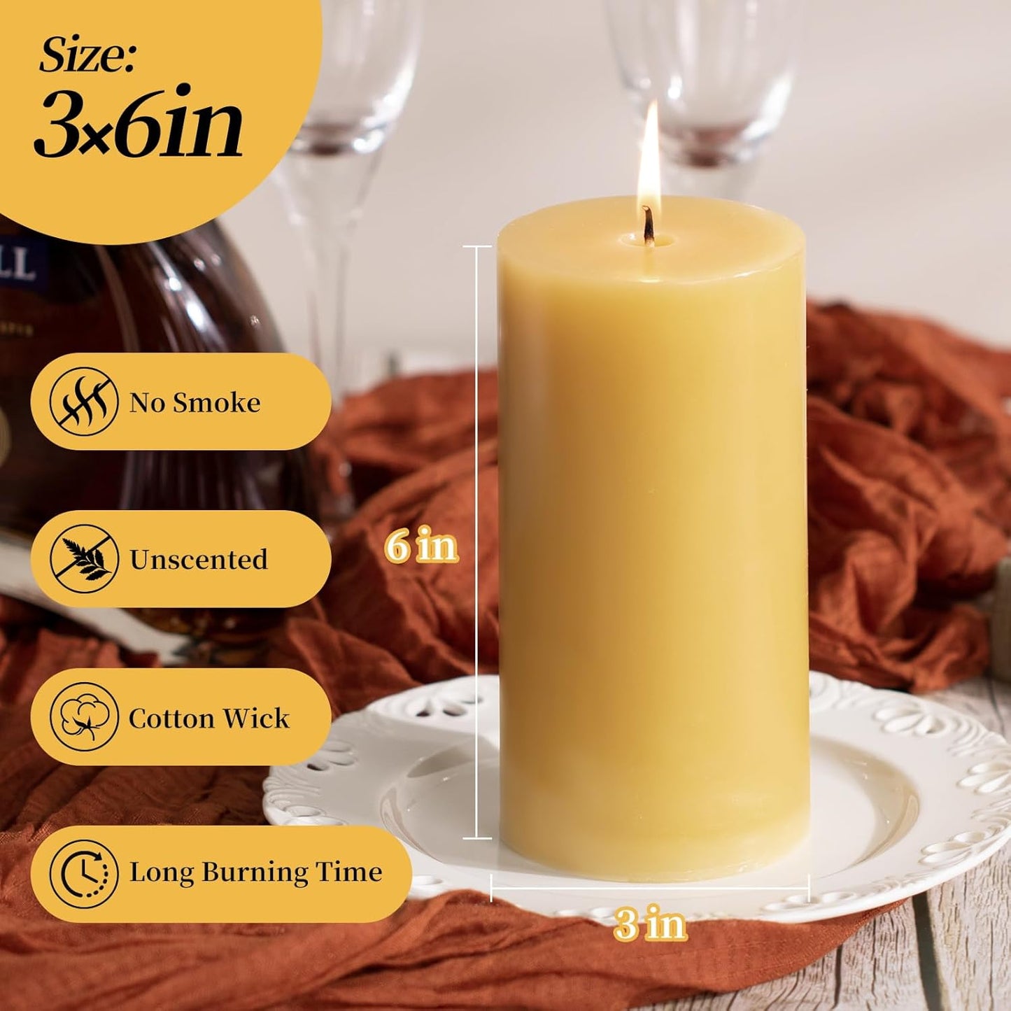 KONNI Mustard Yellow Pillar Candles Set of 3, 3"x 6" Unscented Pillar Candles Bulk, 56 Hours Long Burning Candles, Smokeless&Dripless Large Round Candle for Wedding, Home Decoration, Parties