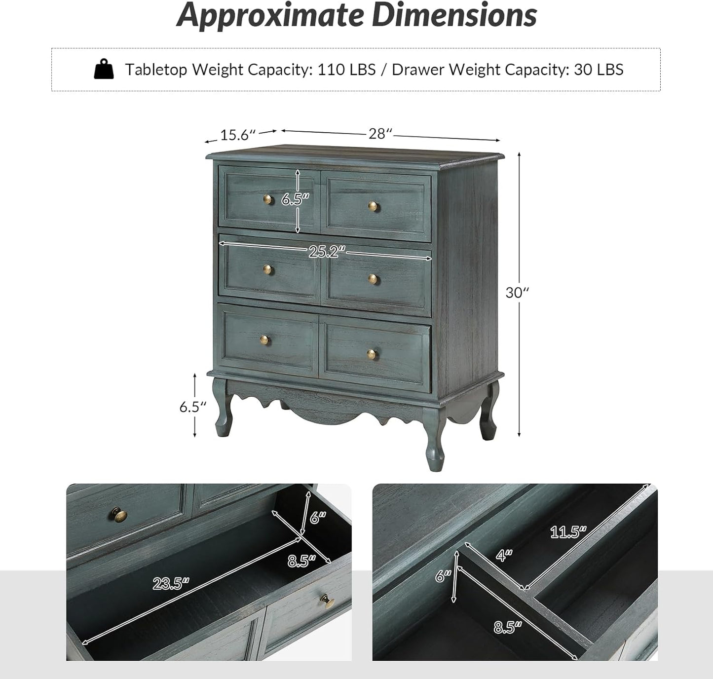 HULALA HOME 3-Drawer Nightstand with Charging Station, Farmhouse Solid Wood Nightstand Set of 2(Blue)