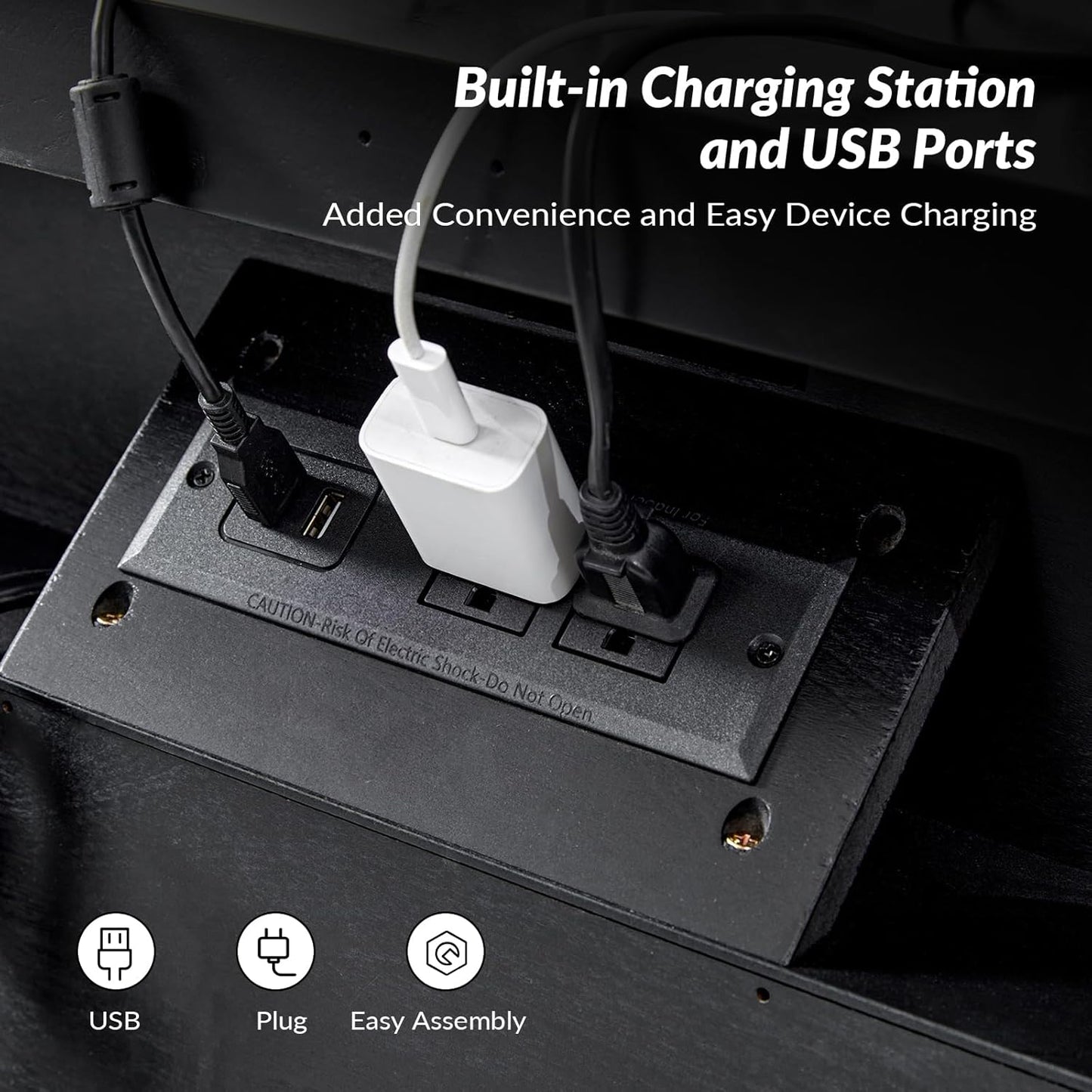 HULALA HOME Wood Nightstand Set of 2 with Charging Station 2 Drawer Dresser with Wooden Legs Mid Century Modern Bedside French Style End Table for Bedroom, Black