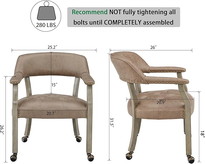 MODERION Modern Brown Solid Wood Boss Caption's Dining Chairs with Wheels and Arms, Office Desk Chairs, Classic Swivel Accent Chairs, 31.5H for Living Room