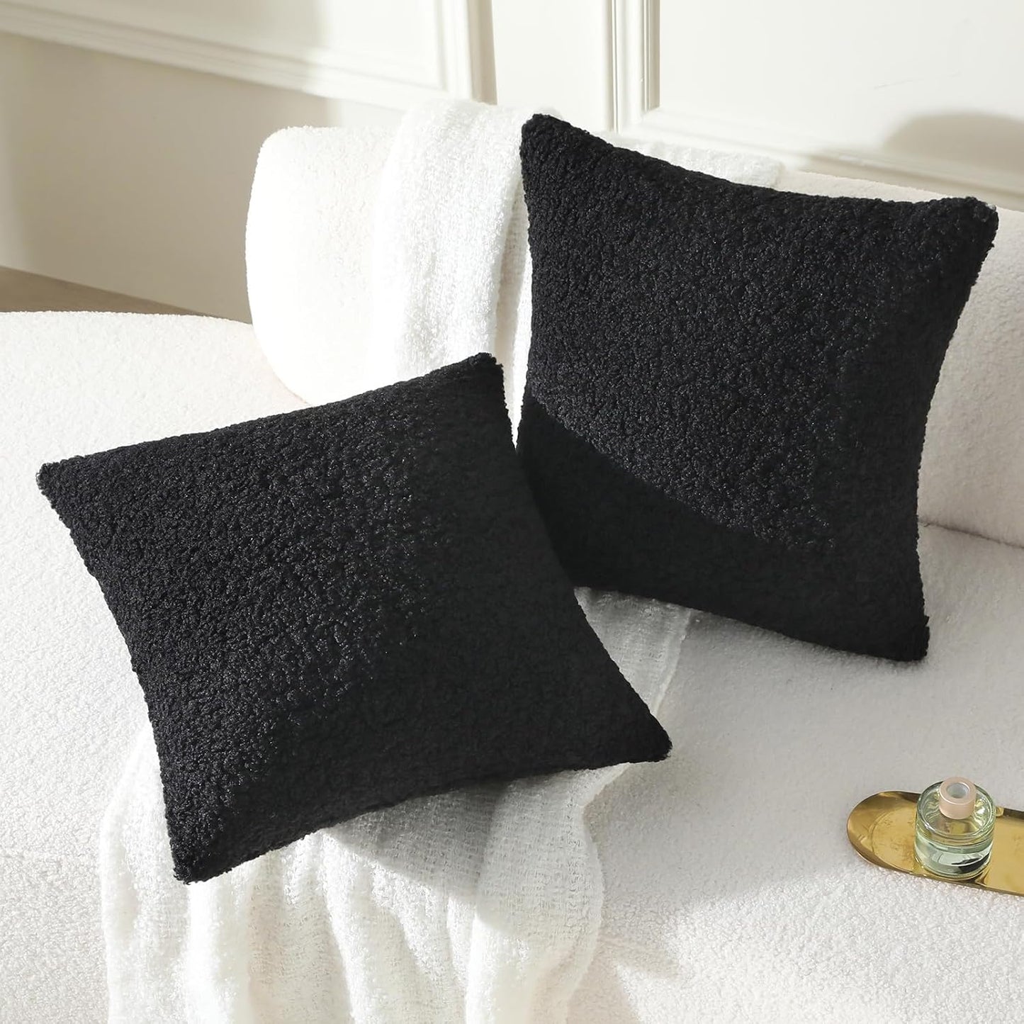 FUTEI Black Throw Pillow Covers 24x24 Inch Set of 2,Furry Faux Fur Teddy Boucle Textured Cushion Covers,Soft Fluffy European Pillow Shams,Home Decor for Couch Bed Living Room Office Car