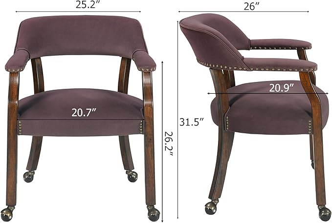MODERION Dinning Chairs with Wheels and Arms Set of 2, Solid Wood Office Desk Chairs with Frosted Velvet Upholstered, Classic Swivel Accent Chairs,31.5" H Boss Caption's Chair, Plum XXY-HT22-PM
