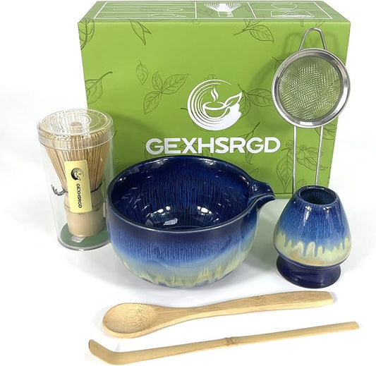 Matcha Whisk Set,6Pcs Matcha Kit Includes Matcha Whisk and Holder,Matcha Bowl with Spout,Matcha Sifter and 2Pcs Matcha Spoon,Suitable as a gift for those who like matcha (Gradient Blue)